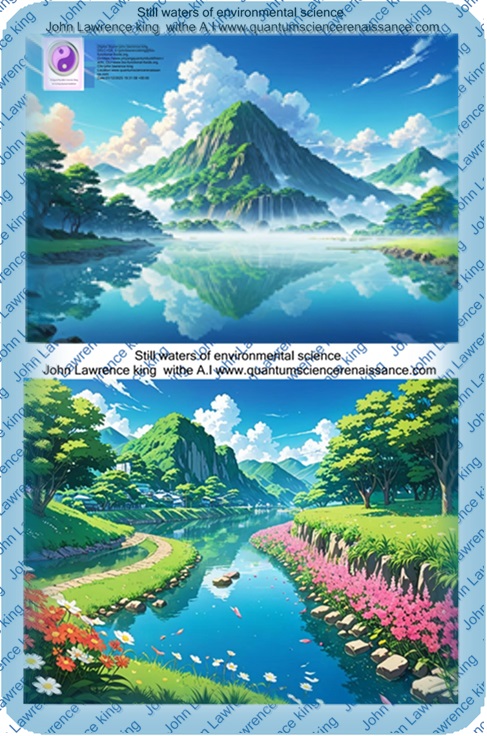 Still waters of Environmental science with flowers both sides of river - by John Lawrence King + A.I. Still waters of Environmental science with flowers both sides of river - by John Lawrence King + A.I.